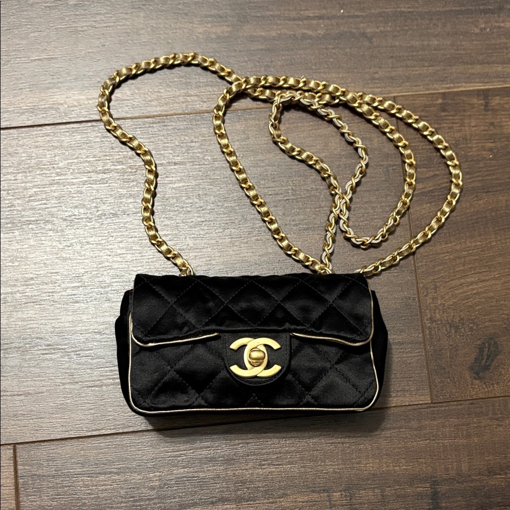 Chanel (Collectible Vintage) Extra Mini Quilted Satin Flap Black